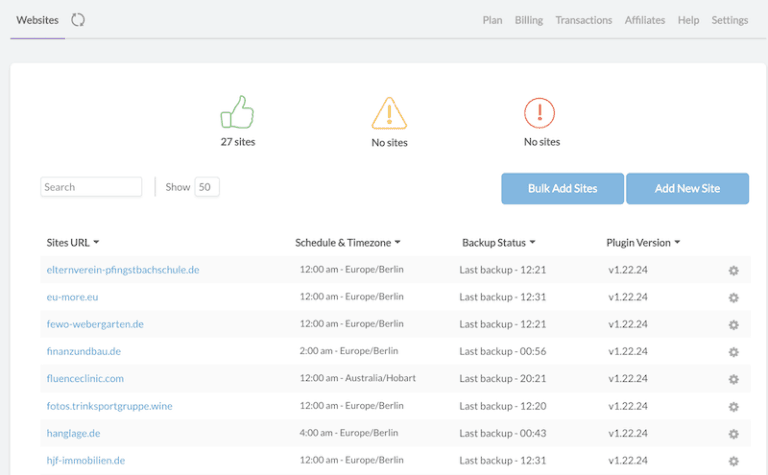Website management dashboard showing site backup status.